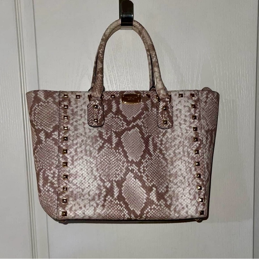 Michael Kors Beige Snake Print Studded Tote